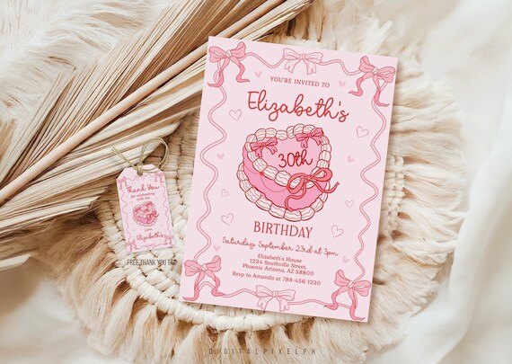 Coquette Retro Cake Birthday Invitation,  Pink Bow Invitation (Digital Download)