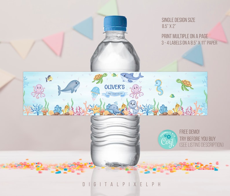 Editable Under The Sea Water Bottle Label, Under The Sea Label, Under The Sea Bottle Label, Sea Animals Bottle Label image 1