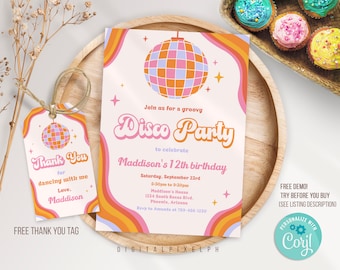 Dance Party Geburtstagseinladung, Disco Einladung, Dance Party Vorlage, Dance Party Danke Tag, Disco Groovy Einladungsvorlage