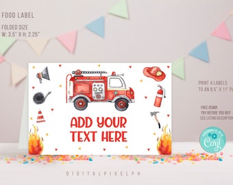 Editable Fire truck Food Label, Fire truck Birthday Party Food Tent Cards, Fire truck Food Tent Label