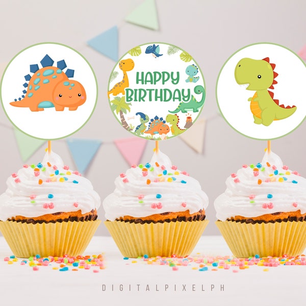 Dinosaur Birthday Cupcake Toppers, Dinosaur Cupcake Toppers, Instant Download, Non-Editable