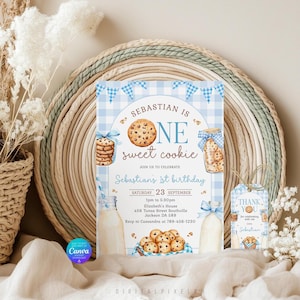 Milk and Cookies Birthday Invitation, One Sweet Cookie Birthday Invitation, Milk and Cookies Thank You Tags (Digital Download)