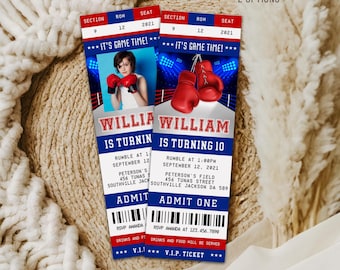 May include: Two rectangular birthday invitation tickets with a boxing theme, featuring red, white, and blue colors. The tickets display the text IT'S GAME TIME, WILLIAM IS TURNING 10, and include details for a party at Peterson's Field on September 12, 2021.