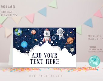 Editable Outer Space Food Label, Outer Space Birthday Party Food Tent Cards, Outer Space Food Tent Label