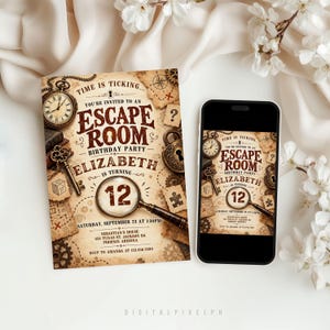 May include: A rectangular escape room birthday party invitation featuring a vintage map background, a pocket watch, a key, a padlock, and a magnifying glass over the number 12. The text reads Time is Ticking, Escape Room, Elizabeth is Turning 12.