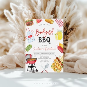 Op de afbeelding: Een uitnodiging in aquarel-stijl voor een Backyard BBQ, met illustraties van hamburgers, watermeloen, maïs en grillgereedschap. De uitnodiging bevat de tekst "Join us for a Backyard BBQ at the Jackson's Residence" met datum, tijd en adresgegevens.