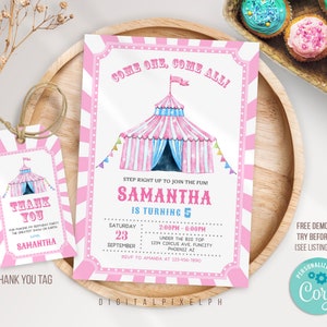Faire-part d'anniversaire carnaval, faire-part d'anniversaire cirque, faire-part carnaval, étiquette de remerciement cirque carnaval, modèle modifiable
