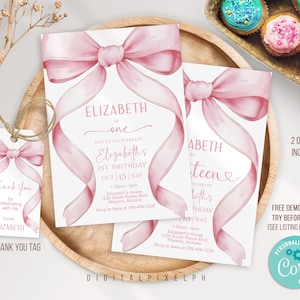 Convite de aniversário com laço rosa coquete editável, convite de aniversário com laço rosa, convite de aniversário com fita, convite com laço rosa coquete M3L