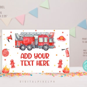 Etiqueta editable de comida de camión de bomberos, tarjetas de tienda de comida de fiesta de cumpleaños de camión de bomberos, etiqueta de tienda de comida de camión de bomberos