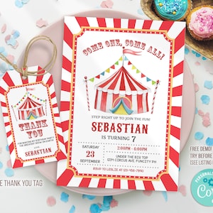 Carnival Birthday Invitation, Circus Birthday Invitation, Carnival Invitation, Carnival circus thank you tag, Editable Template