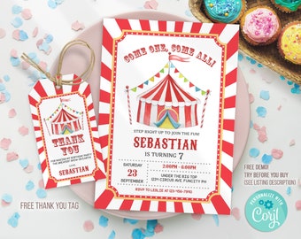 Carnival Birthday Invitation, Circus Birthday Invitation, Carnival Invitation, Carnival circus thank you tag, Editable Template