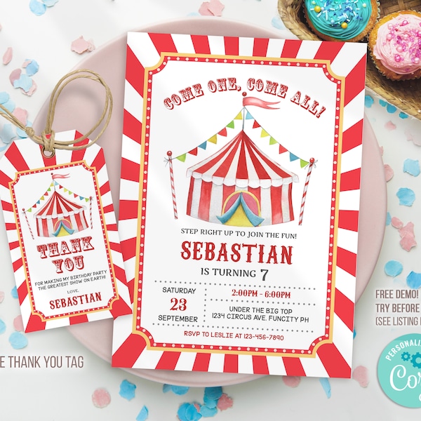 Carnival Birthday Invitation, Circus Birthday Invitation, Carnival Invitation, Carnival circus thank you tag, Editable Template