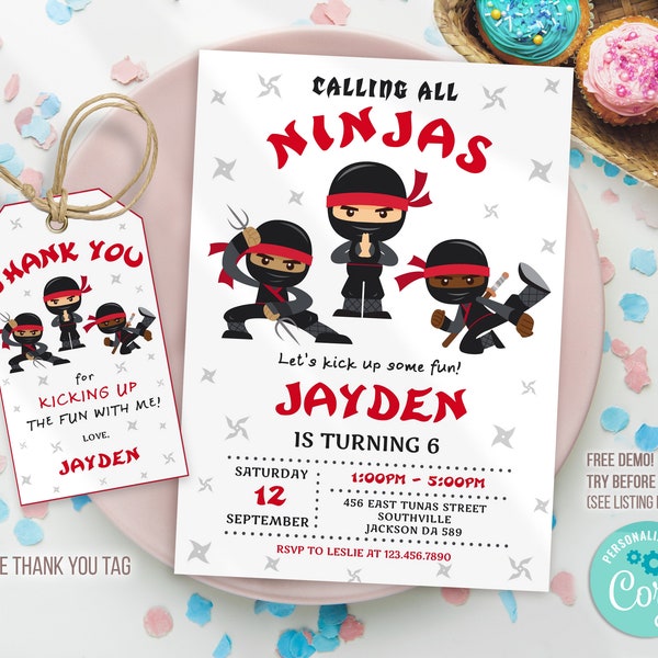 Ninja Birthday Party Invitation Template, Ninja Birthday Party Invite, Ninja thank you tag, Printable, Instant download