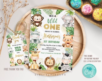 EDITABLE Safari Birthday Invitation, Wild One 1st Birthday Invite, Jungle Animals invitations, Safari thank you tags