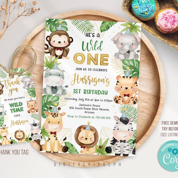 EDITABLE Safari Birthday Invitation, Wild One 1st Birthday Invite, Jungle Animals invitations, Safari thank you tags