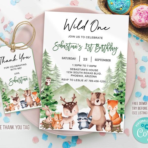 Editable Woodland Wild One Birthday Invitation, Woodland Forest Animals Birthday Invitation, Woodland Birthday invitation