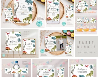 May include: A collection of dinosaur-themed party supplies, including invitations, tags, cupcake toppers, and a welcome sign. The designs feature illustrations of various dinosaurs, palm trees, and the text "William is turning 4".