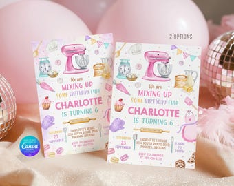 May include: Two rectangular birthday invitation cards featuring watercolor illustrations of a pink stand mixer, kitchen tools, and baking supplies. The text reads: We are MIXING UP SOME BIRTHDAY FUN! CHARLOTTE IS TURNING 6, SATURDAY 23 SEPTEMBER.