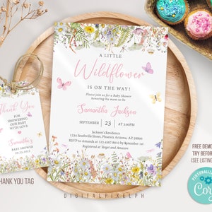 Bewerkbare Wildflower baby shower uitnodiging sjabloon, Wildflower baby shower uitnodiging, Wildflower dank u tags, Wildflower uitnodiging