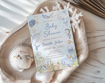 May include: A rectangular baby shower invitation card featuring watercolor illustrations of sea creatures including a turtle, dolphin, narwhal, octopus, and whale. The text reads: Join us for a Baby Shower in honor of mom-to-be Samantha Jackson.