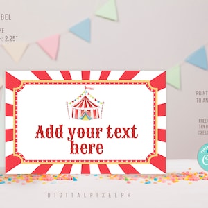 Etiqueta de comida de circo editable, tarjetas de tienda de comida de circo, etiqueta de tienda de comida de circo, etiqueta de tienda de comida de carnaval, tarjetas de tienda de comida de carnaval