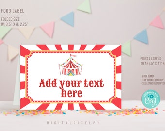 Editable Circus Food Label, Circus Food Tent Cards, Circus Food Tent Label, Carnival Food tent Label, Carnival Food Tent Cards, DPH
