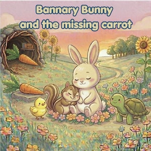 Può includere: Illustrazione di un libro per bambini intitolato "Bannary Bunny and the missing carrot". L'immagine presenta un coniglio, uno scoiattolo, un pulcino e una tartaruga in un campo di fiori. Sono presenti anche carote e girasoli. La tavolozza dei colori è morbida e pastello.