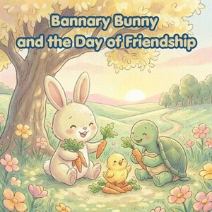 Può includere: Illustrazione di un libro per bambini con un coniglio, una tartaruga e un pulcino sorridenti, ognuno con carote. Il titolo del libro, "Bannary Bunny and the Day of Friendship", è visualizzato sopra i personaggi, su uno sfondo colorato.