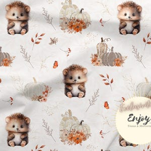Tessuto Boho con riccio e fiori secchi al metro, stampa mista di animali della foresta in cotone / Jersey / French Terry / Impermeabile / Oeko-Tex®