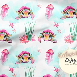 Pink Marine Turtle Sea Animals Fabric by the meter for Baby Child in Cotton / Jersey / French Terry / Waterproof Fabric / Oeko-Tex®