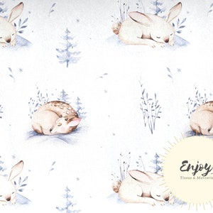 Sleeping Forest Animals Fabric by the meter, Winter Rabbit, Doe, Fawn Print Cotton / Jersey / French Terry / Waterproof Fabric / Oeko-Tex®
