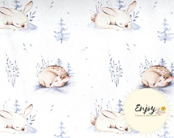 Tissu Animaux de la Forêt endormis au mètre, Imprimé Hiver Lapin, Biche, Faon Coton / Jersey / French Terry / Tissu Imperméable / Oeko-Tex®