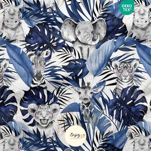 Stoff in tropischem Savannenblau mit Dschungeltieren (Löwe, Elefant, Giraffe) – Baby-Baumwolle/Jersey/French Terry/wasserdichter Stoff/Öko-Tex®