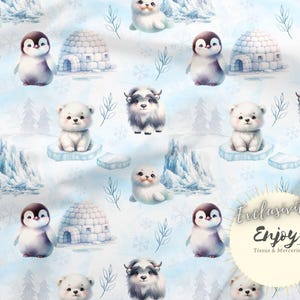 Tessuto per neonati con animali del branco di ghiaccio al metro, stampa di orsi pinguini natalizi invernali artici in cotone / Jersey / French Terry / Impermeabile /Oeko-Tex®