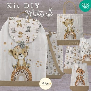 Kit Sac à Dos Maternelle Lion Baby Savane à Coudre, Kit Rentrée Scolaire Bavoir Cantine Sac de Bibliothèque OekoTex, Panneau de Tissu DIY