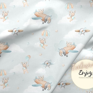 Sky Blue Taupe Aviator Bear Fabric by the meter, Baby Child Bear on Airplane Print in Cotton / Jersey / French Terry / Waterproof / Oeko-Tex®