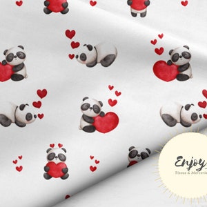 Tessuto panda con cuori rossi al metro, stampa animalier mista per bambine e bambini in cotone / Jersey / French Terry / Impermeabile / Oeko-Tex®