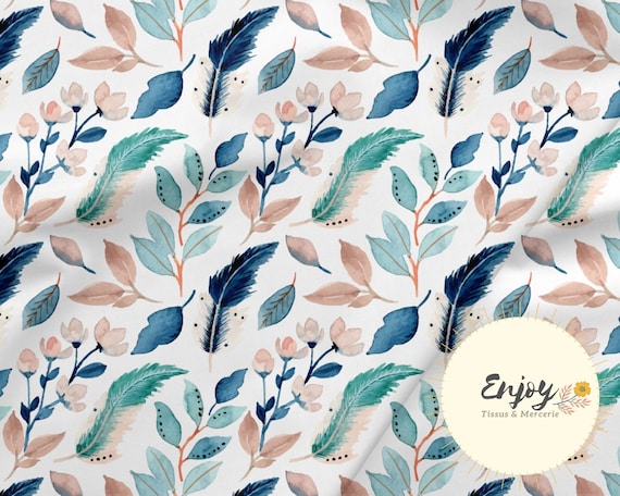 Boho Blau Rosa Blatt Feder Stoff Meterware, Romantischer Boho