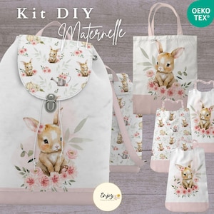 Kit Sac à Dos Maternelle Lapin Rose Fleurs à Coudre, Panneau pour Kit de Rentrée Scolaire, Tissu Bavoirs Cantine Sac de Bibliothèque OekoTex