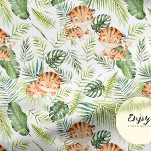 Savanna Baby Tiger Foliage Monstera Fabric, Jungle Animal Print in Cotton / Jersey / French Terry / Waterproof Fabric / Oeko-Tex®