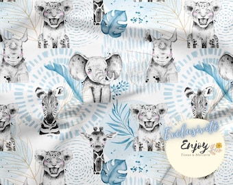 Tissu Ciel de Savane Bleu, Imprimé Animaux de la Jungle lion éléphant girafe Coton / Jersey / French Terry / Tissu Imperméable / Oeko-Tex®