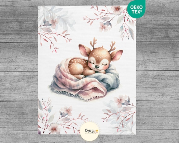 Panneau de tissu pour Couverture Biche Rose, Coupon 100% Coton Oeko-Tex pour Bébé Enfant Animaux de la Forêt, Baby Daim Endormie