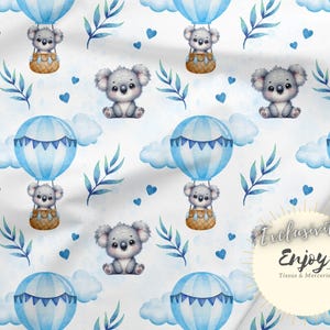 Tessuto Koala blu al metro, stampa di animali tra nuvole e mongolfiere, cotone / jersey / french terry / impermeabile / Oeko-Tex®