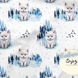 Tessuto Volpe Bianca Polare Animali Della Foresta Abete Montagna Neve Misto Cotone / Jersey / French Terry / Tessuto Impermeabile / Oeko-Tex®