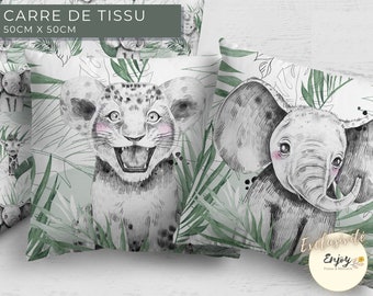 Panneau Carré Tissu Savane Vert Jade OEKO TEX, Coupon Lion Eléphant pour Coussin 100% Coton Animaux de la Jungle pour Bébé Enfant