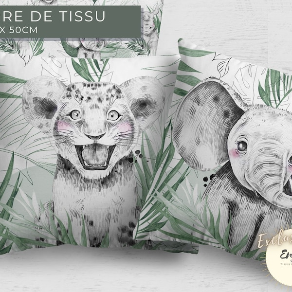 Panneau Carré Tissu Savane Vert Jade OEKO TEX, Coupon Lion Eléphant pour Coussin 100% Coton Animaux de la Jungle pour Bébé Enfant