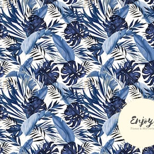 Blue Tropical Savanna Fabric by the meter, Monstera Jungle Foliage Print in Cotton / Jersey / French Terry / Waterproof Fabric / Oeko-Tex®