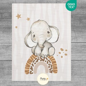 Elephant Savannah Baby Blanket Panel, 100% Oeko-Tex Cotton Fabric Remnant for Baby and Child, Rainbow Safari Jungle Animals