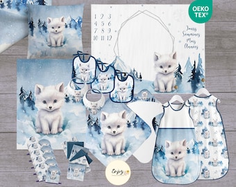 Nähset für Babys von White Fox, Schlafsack, Badecape, Lätzchen, Deckenpaneel, waschbare Feuchttücher, Stoffrest aus Öko-Tex Tiermuster