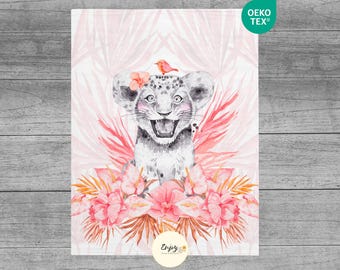 Painel de cobertor rosa Savanna Baby Lion, cupom de tecido 100% algodão Oeko-Tex para crianças, flores de animais da selva